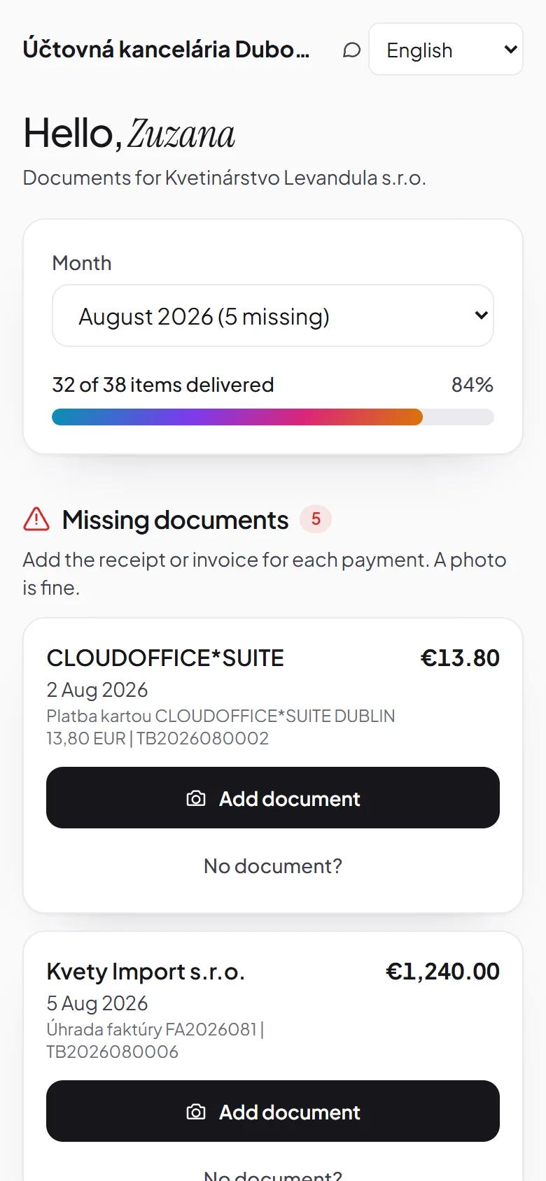 The client link on a phone, listing payments that still need a document, from demo data